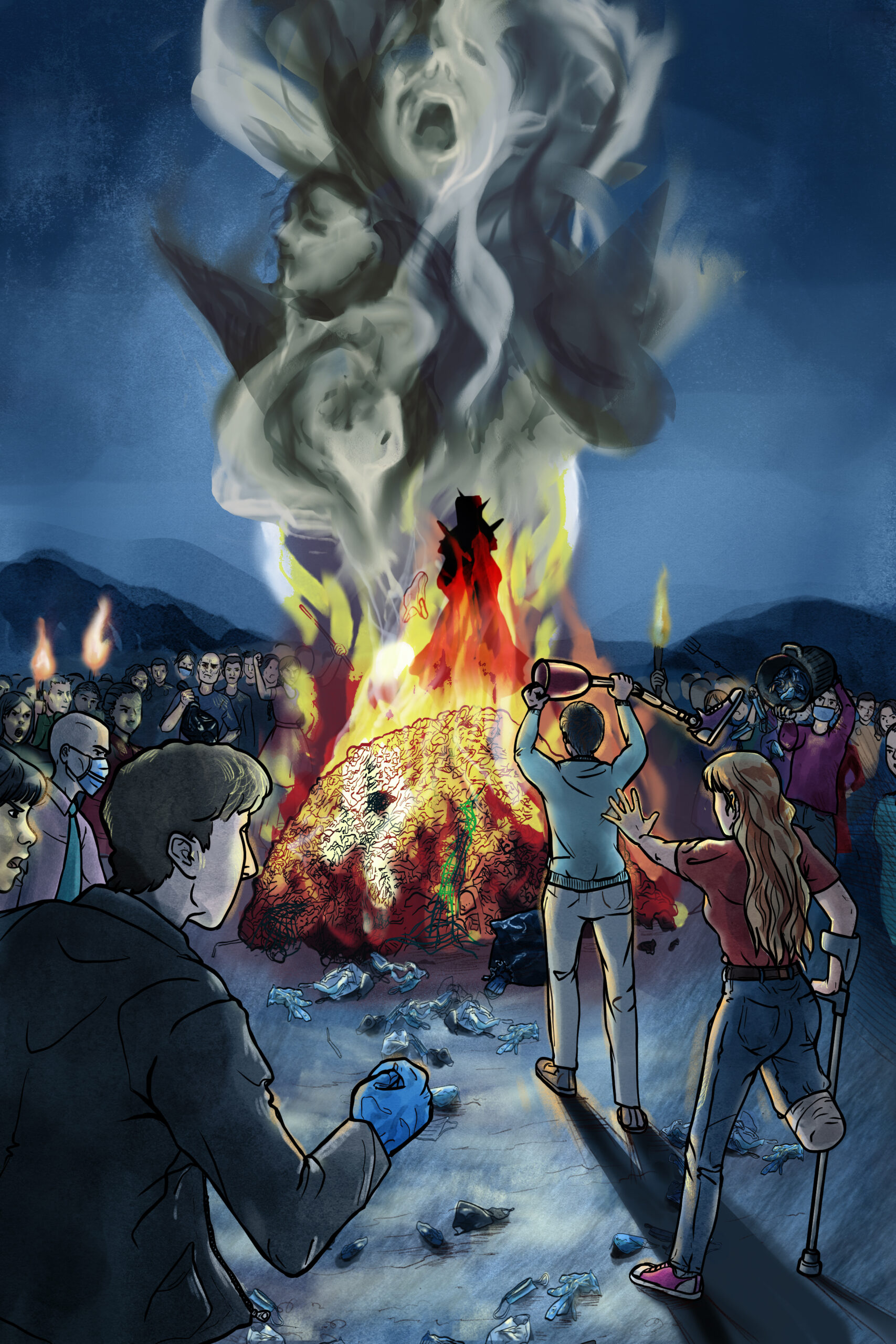 mountains of plastics, crowd with torches, plastic being burnt, witches being burnt, witch hunt